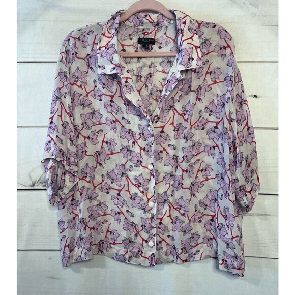 Rag & Bone Top Size MED Short Sleeve Blouse Pink Floral Print Collar - Picture 1 of 7